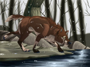 обоя рисованное, животные,  волки, волк, фон, лес, река