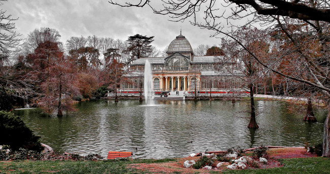 Обои картинки фото madrid parque del retiro, города, мадрид , испания, парк, фонтан, дворец
