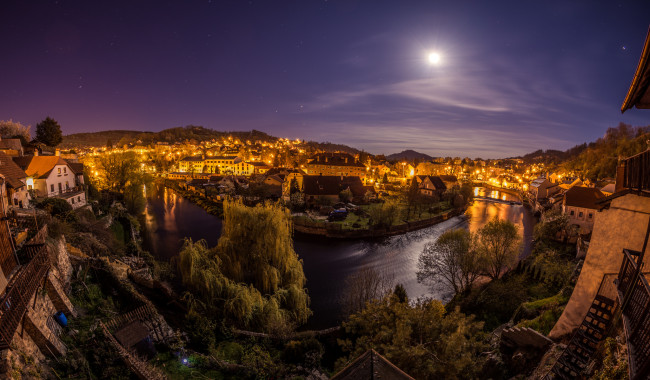 Обои картинки фото города, - огни ночного города, река, городок, ночь