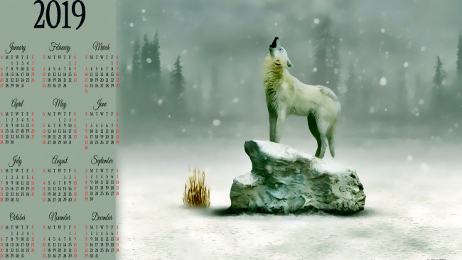 Обои картинки фото календари, фэнтези, снег, камень, волк