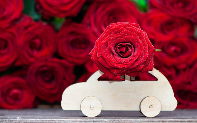 Обои картинки фото цветы, розы, машина, букет, красные, деревянная