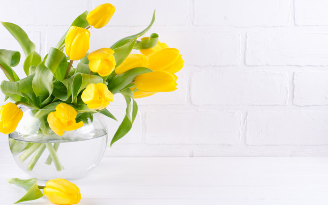 Обои картинки фото цветы, тюльпаны, букет, желтые, ваза