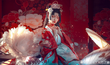 Картинка рисованное люди девушка азиатка цветок украшения кимоно зонт