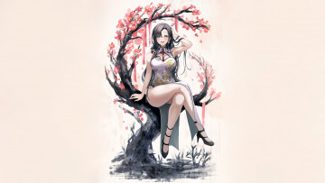 Картинка аниме unknown +другое+ девушка дерево цветы