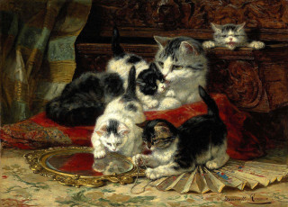обоя henriette ronner-knip, рисованное, кошка, котята, веер, зеркало