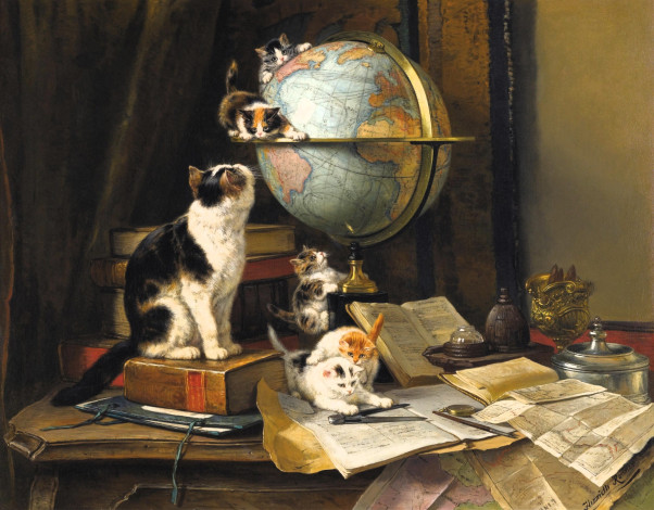 Обои картинки фото рисованное, henriette ronner-knip, кошка, котята, глобус, книги, бумаги, стол
