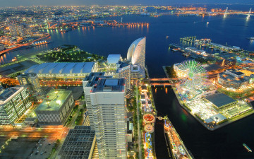 Картинка города йокогама Япония бухта здания огни пейзаж