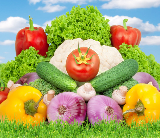 Обои картинки фото еда, овощи, шампиньоны, грибы, паприка, лук, салат, помидоры, огурцы, брокколи, цветная, капуста, томаты