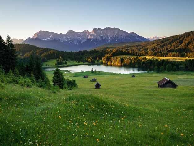 Обои картинки фото альпы, природа, пейзажи, горы, лето, озеро, луга