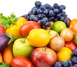 обоя еда, фрукты и овощи вместе, фрукты, помидоры, лук, паприка, виноград, яблоки, овощи, лимоны