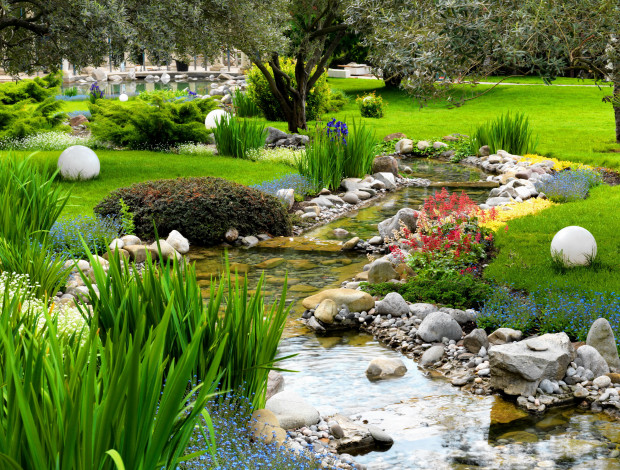 Обои картинки фото природа, парк, камни, трава, цветы, ручей
