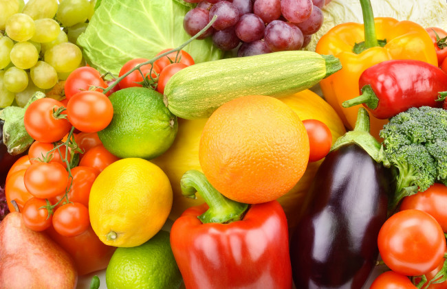 Обои картинки фото еда, фрукты и овощи вместе, апельсин, лимоны, кабачок, помидоры, фрукты, овощи, паприка, виноград, баклажан