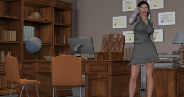 Картинка 3д+графика люди+ people фон взгляд книги девушка кресло офис стол