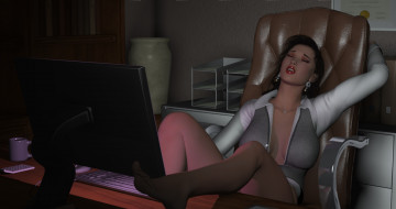 Картинка 3д+графика люди+ people компьютер интерьер кресло фон взгляд девушка