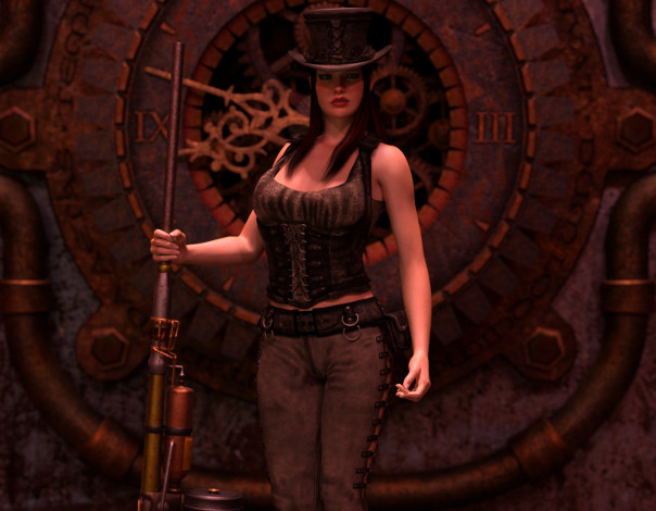 Обои картинки фото 3д графика, фантазия , fantasy, шляпа, оружие, фон, взгляд, девушка