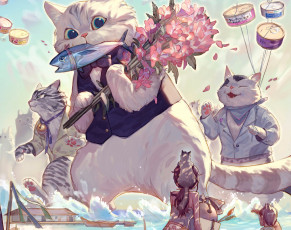 Картинка аниме животные +существа коты букет рыба