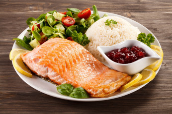 Картинка еда рыбные+блюда +с+морепродуктами лимон лосось рис соус