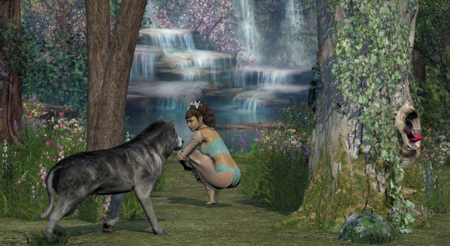 Обои картинки фото 3д графика, фантазия , fantasy, лес, фон, взгляд, цветы, волк, девушка, водопад