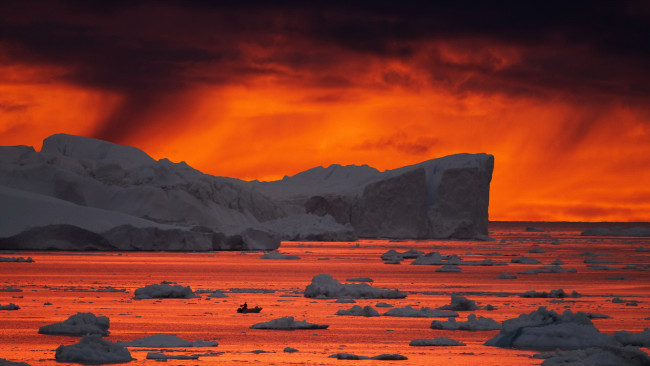 Обои картинки фото природа, айсберги и ледники, лёд, море, закат, greenland