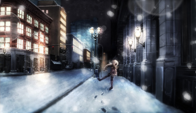 Обои картинки фото аниме, utau, зима, город, девочка, ночь