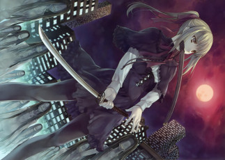 Картинка аниме оружие +техника +технологии зомби убийца катана небоскребы ночь кровавая луна нежить art