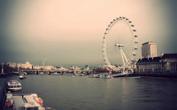 обоя города, лондон , великобритания, река, колесо, обозрения, мост