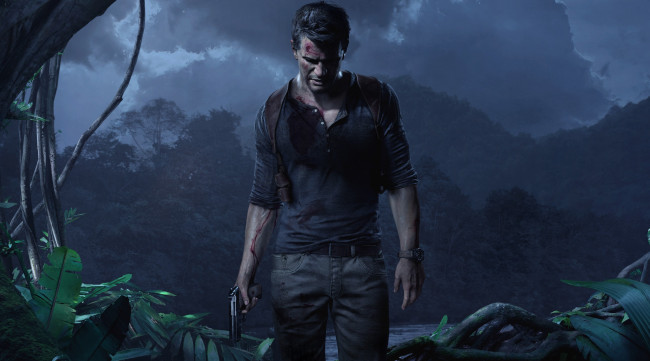 Обои картинки фото видео игры, uncharted 4,  a thief`s end, мужчина, кровь, пистолет, тропики, джунгли