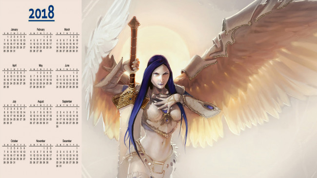 Обои картинки фото календари, фэнтези, крылья, оружие, взгляд, женщина