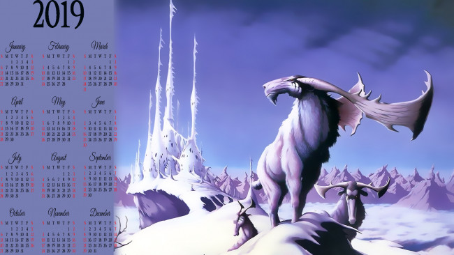 Обои картинки фото календари, фэнтези, снег, рога, животное