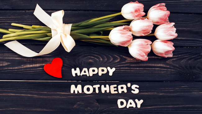 Обои картинки фото праздничные, день матери, тюльпаны, букет, надпись