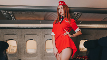 обоя девушки, - рыжеволосые и разноцветные, стюардесса, бортпроводница, красный, униформа, салон, самолет, anton, harisov, ксения, серкова
