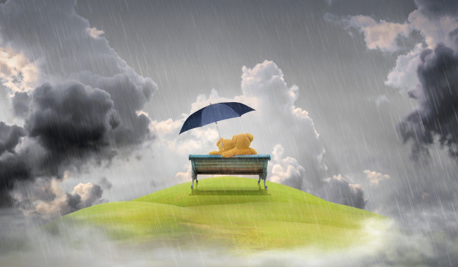 Обои картинки фото рисованное, мишки тэдди, мишки, пара, скамейка, зонт, дождь