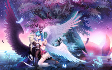 Картинка аниме ангелы +демоны девушка парень поцелуй дерево