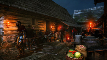 обоя видео игры, kingdom come,  deliverance, деревня, дома, люди, рыцари, бочка, овощи, стол