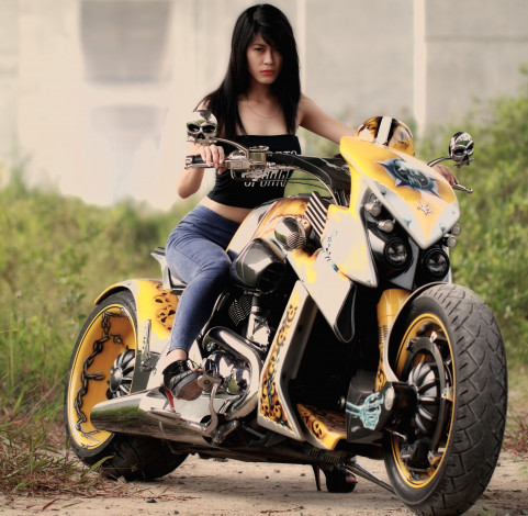 Обои картинки фото мотоциклы, мото, девушкой, harley, davison