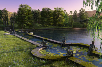 Картинка 3д+графика природа+ nature статуя пруд парк рендер закат деревья озеро