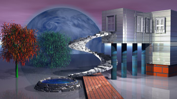 Картинка 3д+графика фантазия+ fantasy деревья лестница дом планета