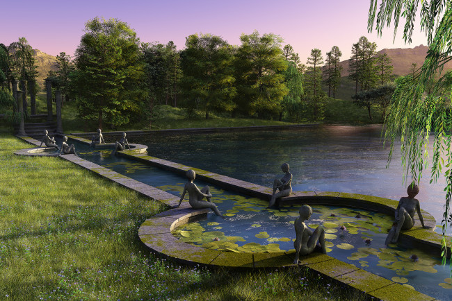 Обои картинки фото 3д графика, природа , nature, статуя, пруд, парк, рендер, закат, деревья, озеро
