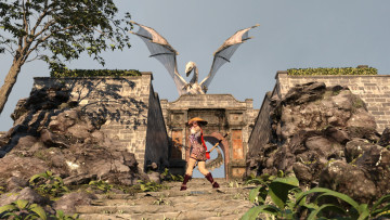 Картинка 3д+графика фантазия+ fantasy дракон арка оружие фон взгляд девушка