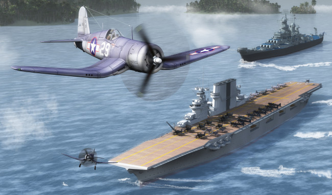 Обои картинки фото 3д графика, армия , military, острова, волны, море, полет, корабли, самолеты