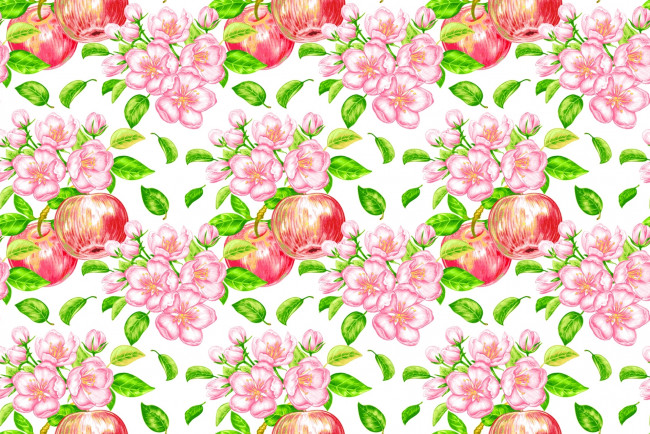 Обои картинки фото рисованное, цветы, листья, фрукты, плоды, яблоки