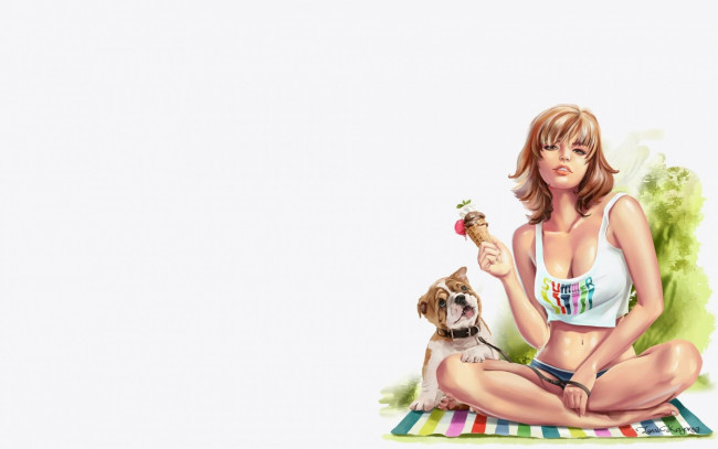 Обои картинки фото рисованное, люди, лето, отдых, собака, арт, девушка, жара, lorri, kajenna, мороженое