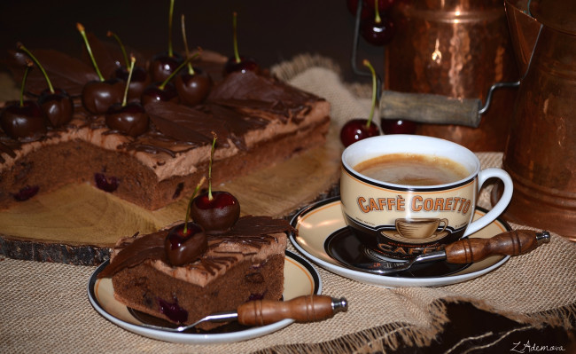 Обои картинки фото еда, торты, пирог, кофе, вишня