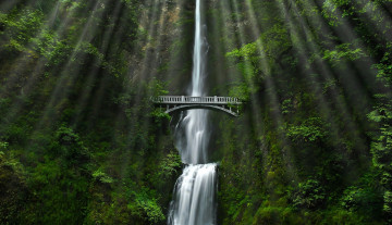 Картинка природа водопады водопад обрыв мост зелень лучи деревья