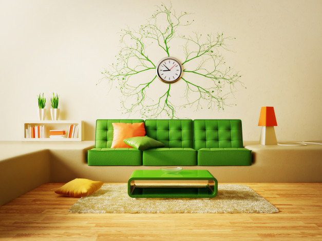 Обои картинки фото 3д графика, реализм , realism, подушки, дизайн, часы, столик, модерн, ковер, интерьер, диван