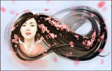 Картинка рисованное люди девушка волосы цветы взгляд фон