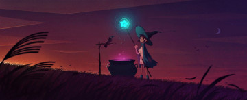 Картинка фэнтези маги +волшебники девочка ведьма посох котел птица поле