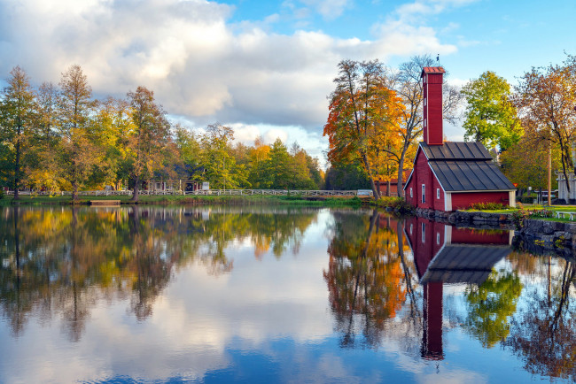 Обои картинки фото разное, мельницы, озеро, мельница, отражение, осень