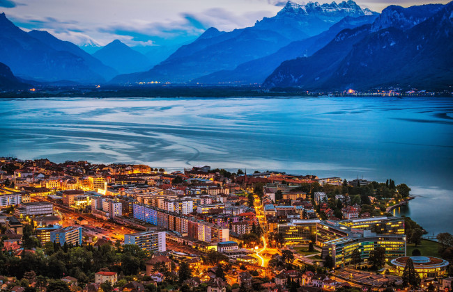 Обои картинки фото города, - огни ночного города, швейцария, веве, кантон, во, швейцарская, ривьера, побережье, огни
