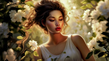 Картинка нейросеть рисованное люди взгляд девушка свет цветы поза портрет сад арт азиатка плечи смуглая цифровая живопись цифровое искусство диджитал